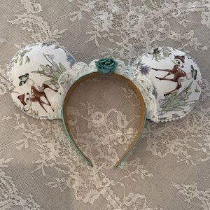 Coquette Lace Trim Bambi Minnie Ears with Jade Green Rosette and “Pearl” Trim